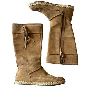 UGG Emerie Suede Leather Fringe Knee High Tan Boots Size 9
